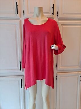 Chicos Zenergy Relaxed Scoop-Neck Tunic Top Coral Pink Cotton Blend Lightweight